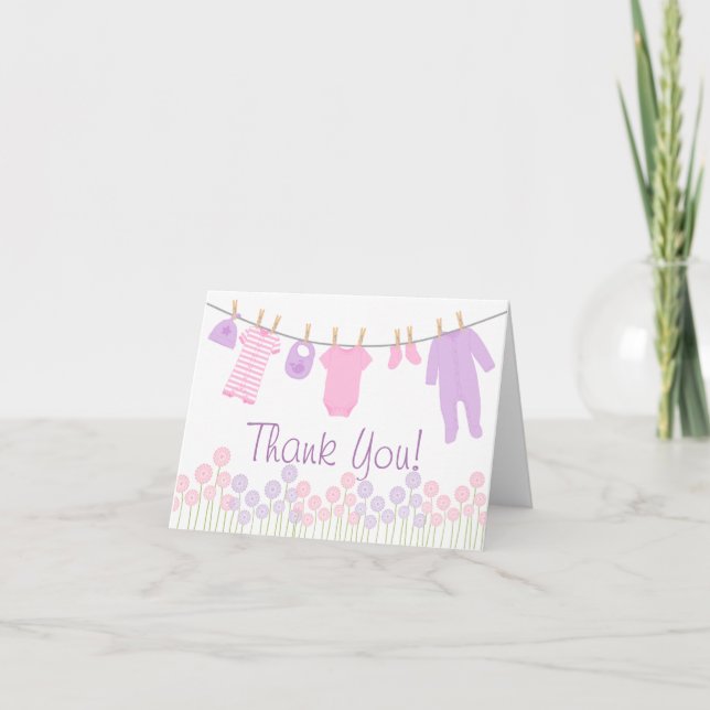 Pink and Purple Little Clothes Baby Sprinkle Thank Thank You Card (Front)