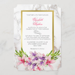 Pink and Purple Magnolias on a Marble Back Wedding Invitation