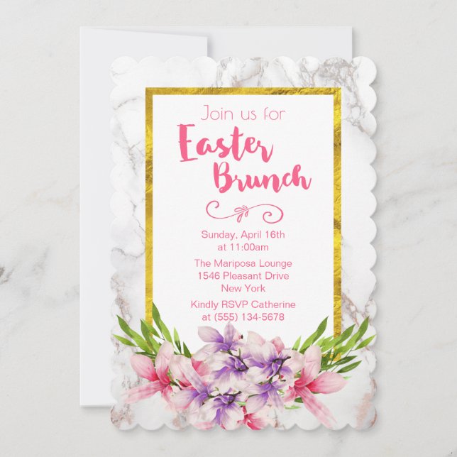 Pink and Purple Magnolias on Marble Easter Brunch Invitation (Front)