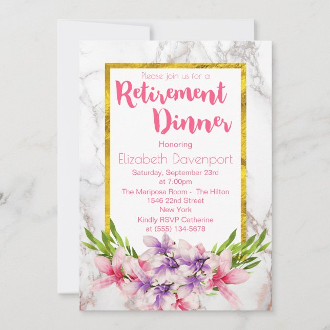 Pink and Purple Magnolias Retirement Dinner Invitation (Front)
