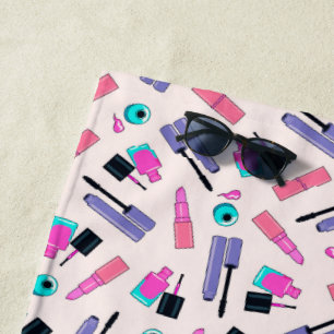 Pink and Purple Make Up Cosmetics Pattern Beach Towel