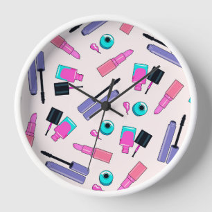 Pink and Purple Make Up Cosmetics Pattern Clock