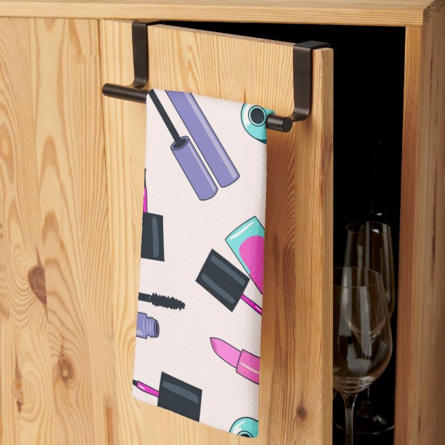 Pink and Purple Make Up Cosmetics Pattern Tea Towel (Thirds Fold)