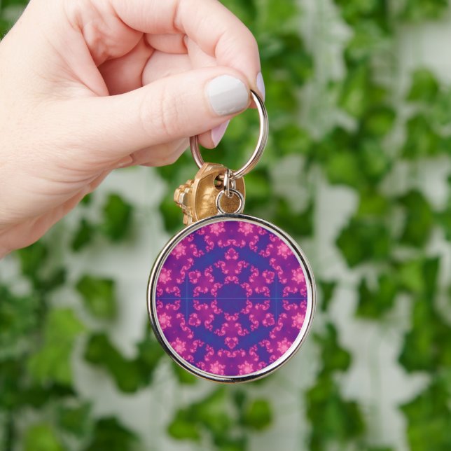 Pink and Purple Mandela Round Snowflakes Key Ring (Hand)