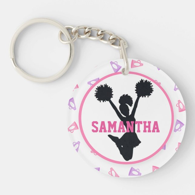 Pink and Purple Megaphones Cheerleader Photo Key Ring (Front)