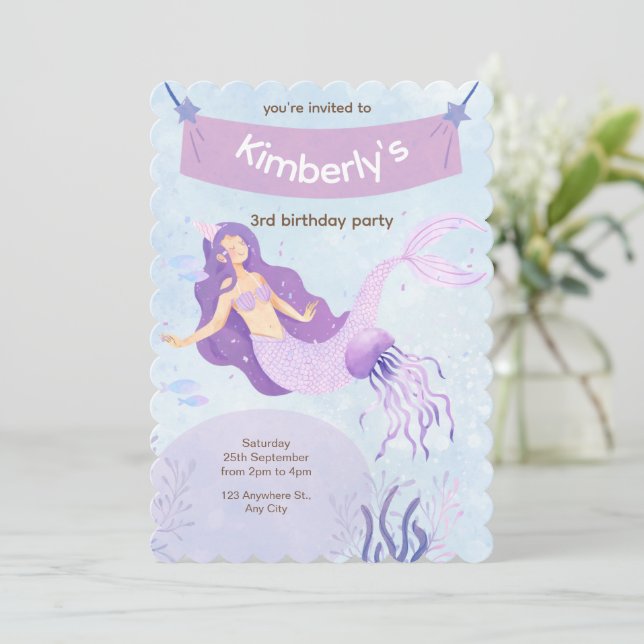 Pink and Purple Mermaid Birthday Party Invitation (Standing Front)
