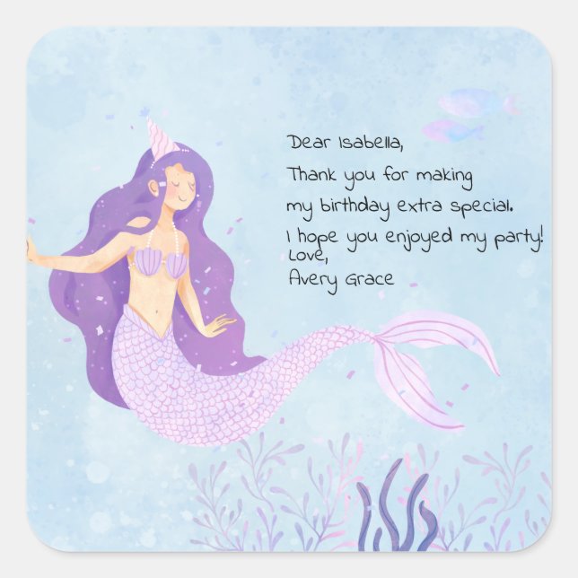 Pink and Purple Mermaid Birthday Thank You Square Sticker (Front)
