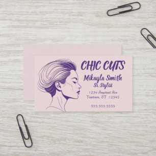 Pink and Purple Minimalist Drawing of Woman's Head Business Card