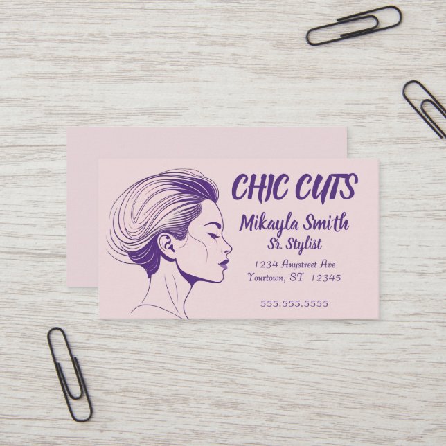 Pink and Purple Minimalist Drawing of Woman's Head Business Card (Front/Back In Situ)