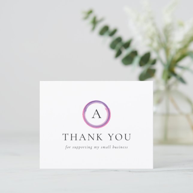 Pink and Purple Monogram Modern Business Thank You Card (Standing Front)