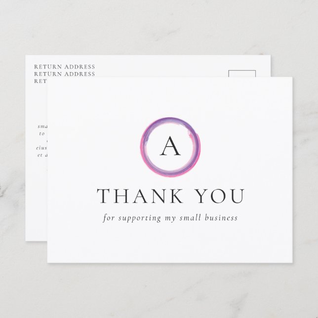 Pink and Purple Monogram Modern Business Thank You Postcard (Front/Back)