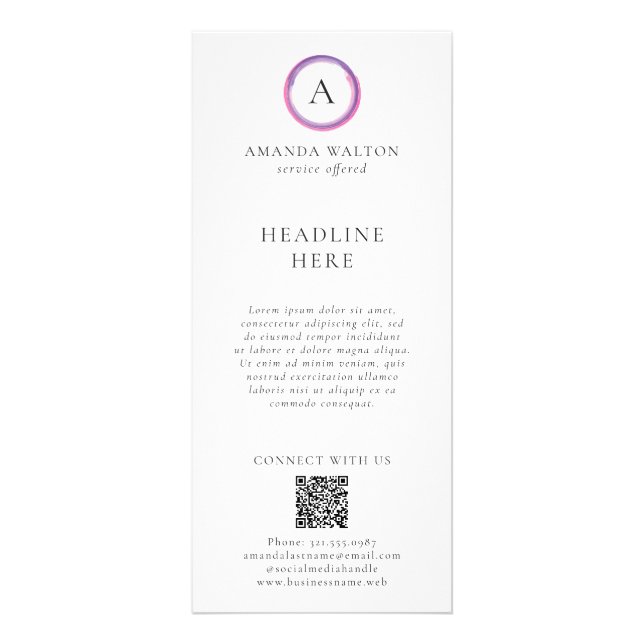 Pink and Purple Monogram QR Code Modern Business Rack Card (Front)