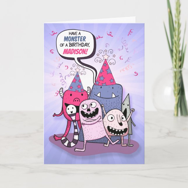 Pink and Purple Monster Birthday with Name Holiday Card (Front)