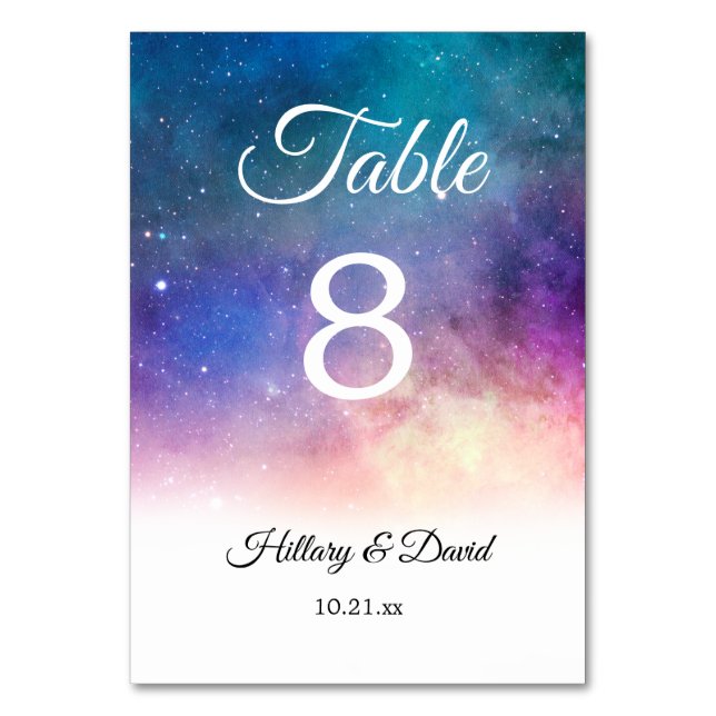 Pink and Purple Nebula Wedding Party Table Number (Front)