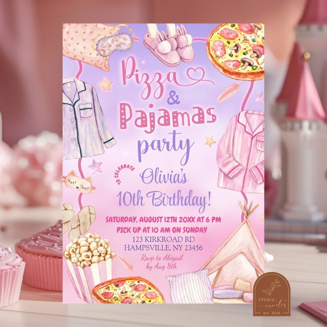 Pink and Purple Neon Pizza and Pyjamas Birthday Invitation (Creator Uploaded)