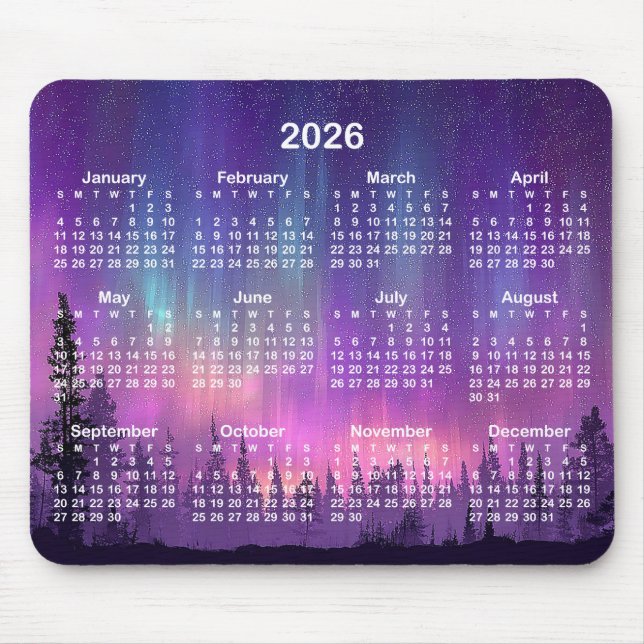 Pink and Purple Northern Lights 2026 Calendar Mouse Mat (Front)