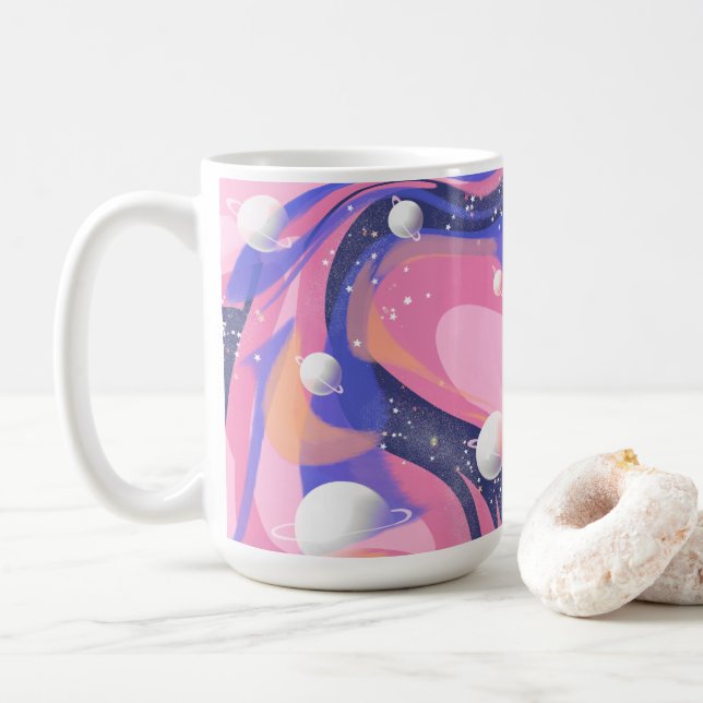 Pink And Purple Outer Space Swirl Abstract Coffee Mug (With Donut)
