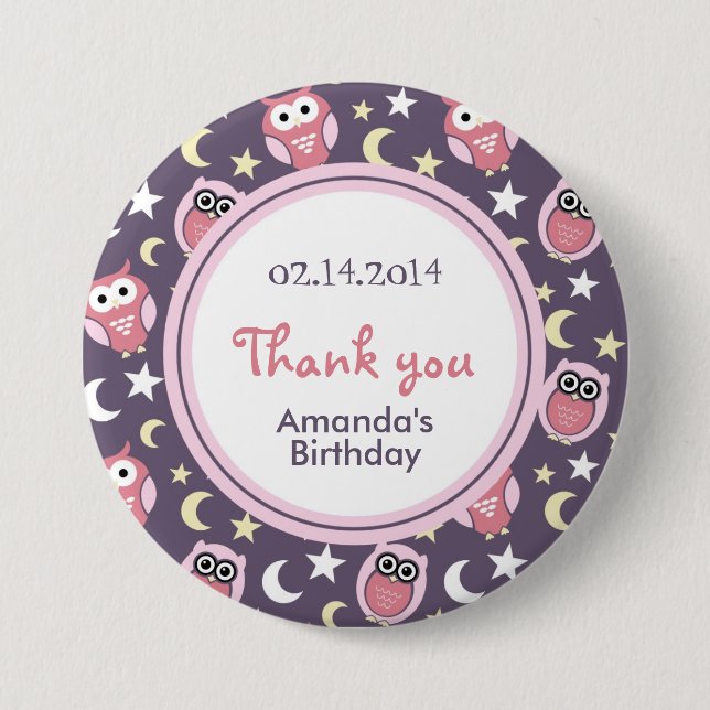 Pink and Purple Owl Cartoon Birthday Pin (Front)