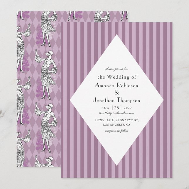 Pink and Purple Paris Art Deco Wedding Invitation (Front/Back)