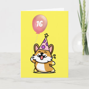 Pink and Purple Party Hat Corgi 16th Birthday Card
