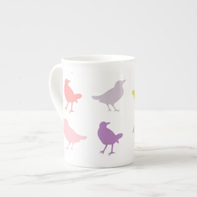 Pink and Purple Pastel Birds with Birdhouse Bone China Mug (Front Left)