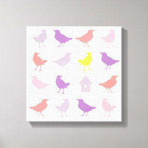 Pink and Purple Pastel Birds with Birdhouse Canvas Print