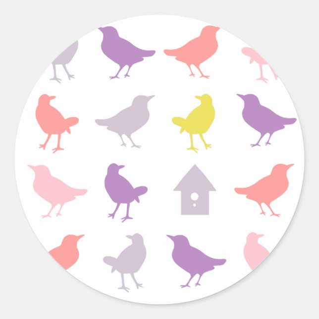 Pink and Purple Pastel Birds with Birdhouse Classic Round Sticker (Front)