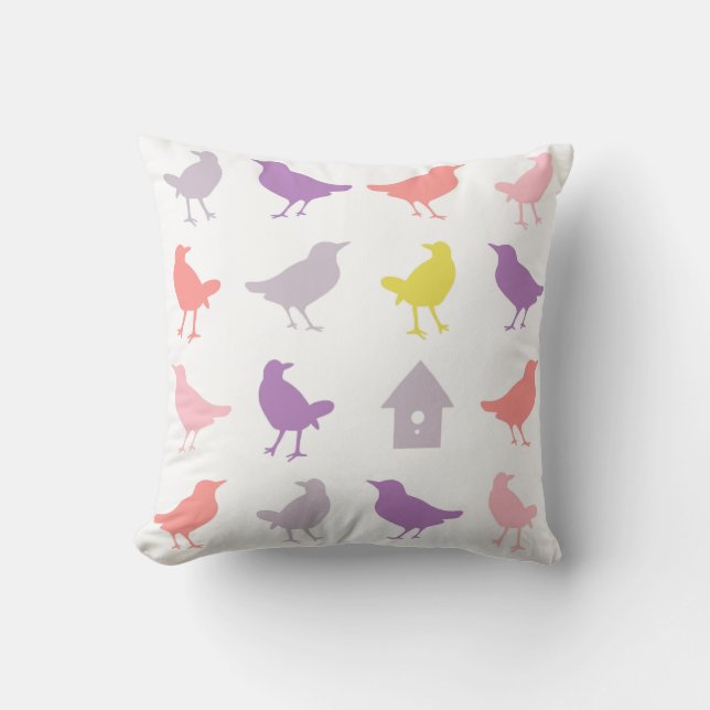 Pink and Purple Pastel Birds with Birdhouse Cushion (Front)