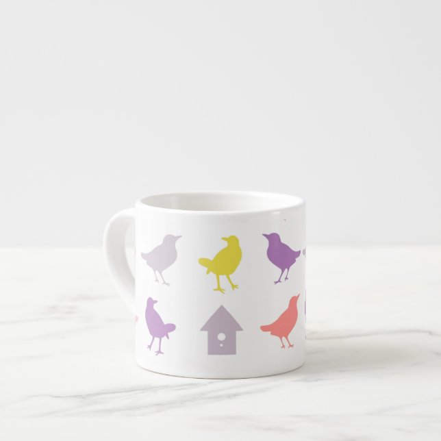 Pink and Purple Pastel Birds with Birdhouse Espresso Cup (Front Left)