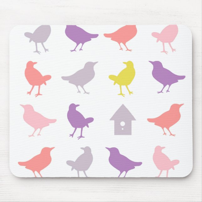 Pink and Purple Pastel Birds with Birdhouse Mouse Mat (Front)