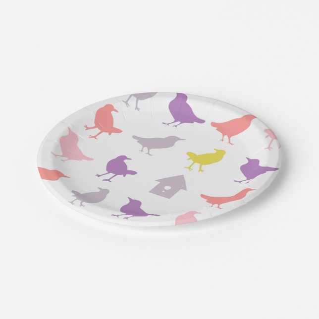 Pink and Purple Pastel Birds with Birdhouse Paper Plate (Angled)