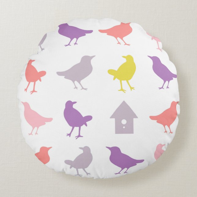 Pink and Purple Pastel Birds with Birdhouse Round Cushion (Front)