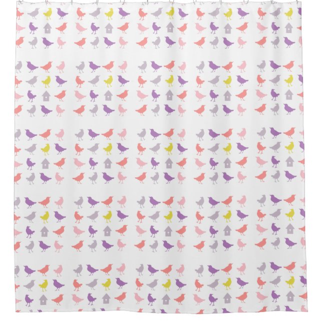 Pink and Purple Pastel Birds with Birdhouse Shower Curtain (Front)