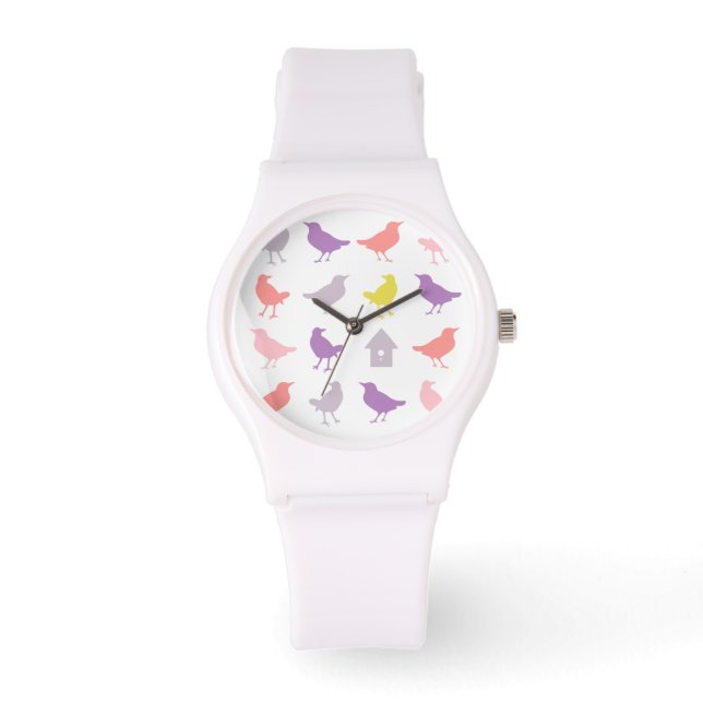 Pink and Purple Pastel Birds with Birdhouse Watch (Front)