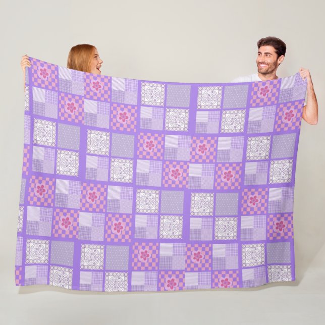 Pink and Purple Patchwork Design  Fleece Blanket (In Situ)