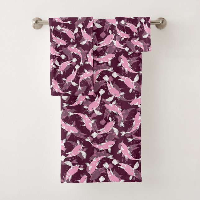 Pink and Purple Pattern - Koi Fish Bath Towel Set (Insitu)