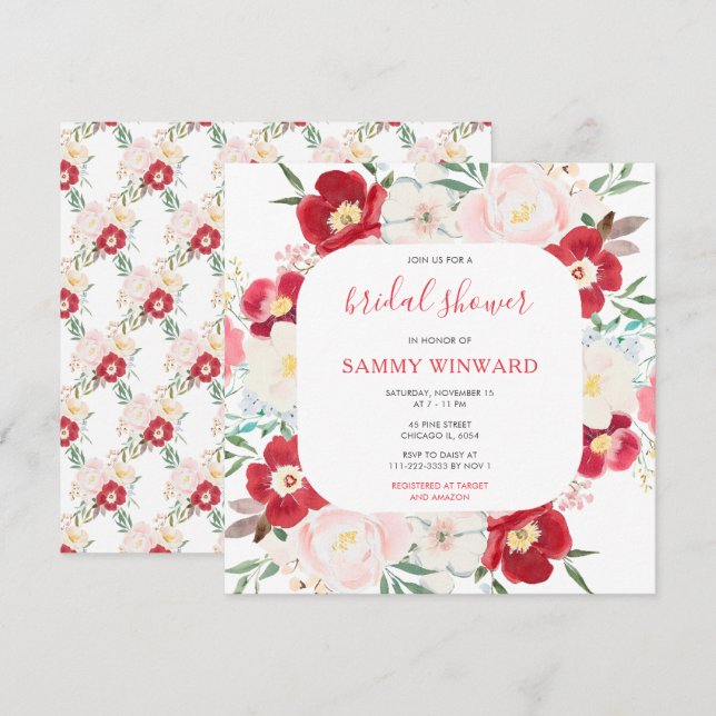 Pink and Purple Peony Flowers Bridal Shower Invitation (Front/Back)