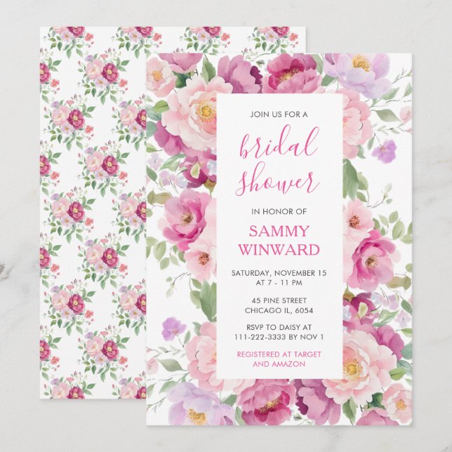 Pink and Purple Peony Flowers Bridal Shower Invitation (Front/Back)