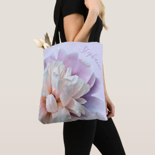 Pink and Purple Peony Personalised Script Name Tote Bag