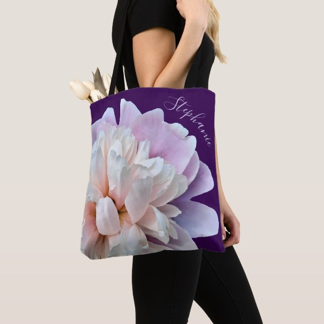 Pink and Purple Peony Script Name Purple Tote Bag (Close Up)