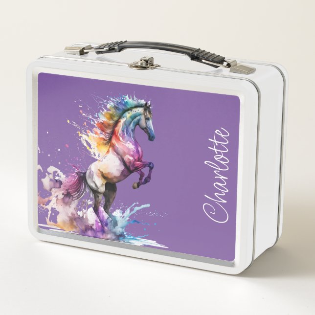 Pink and Purple Rainbow Horse Custom Metal Lunch Box (Front)