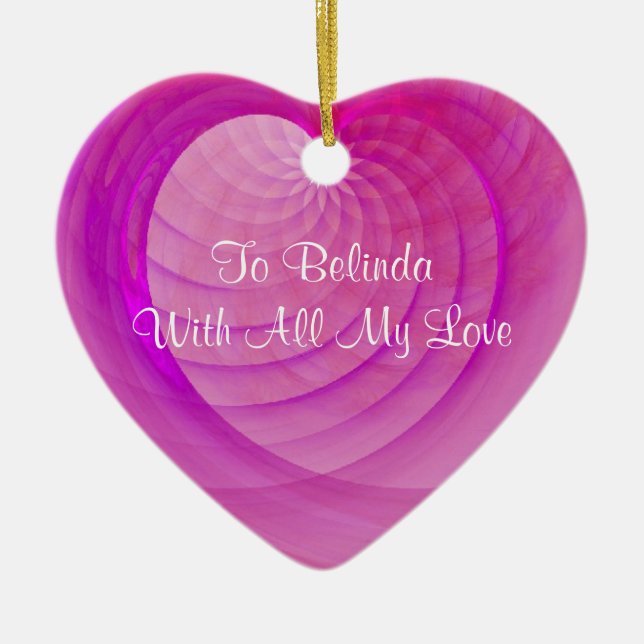Pink and Purple Ribbed Heart Keepsake Ceramic Tree Decoration (Front)