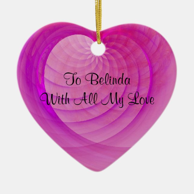 Pink and Purple Ribbed Heart Valentine's Keepsake Ceramic Tree Decoration (Front)