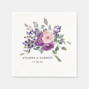Pink and Purple Rose Floral Personalised Wedding Napkin