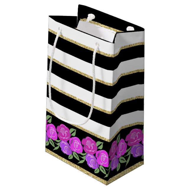 Pink and Purple Roses, Black, White, Gold Gift Bag (Back Angled)