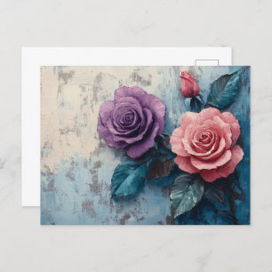 Pink and Purple Roses Distressed Background Postcard