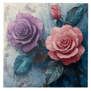Pink and Purple Roses Distressed Background Tile