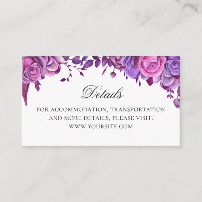 Pink and purple roses. Floral wedding details Enclosure Card (Front)