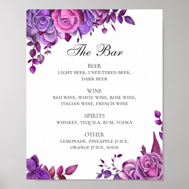Pink and purple roses. Floral wedding drinks bar Poster (Front)