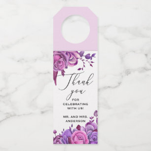 Pink and purple roses. Floral wedding thank you  Bottle Tag